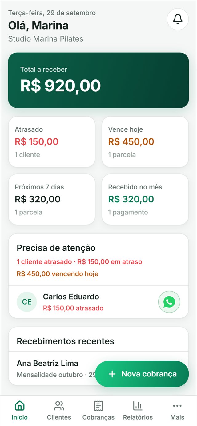 Tela inicial do RECEON com total a receber, atrasados, vencimentos de hoje e recebimentos do mês
